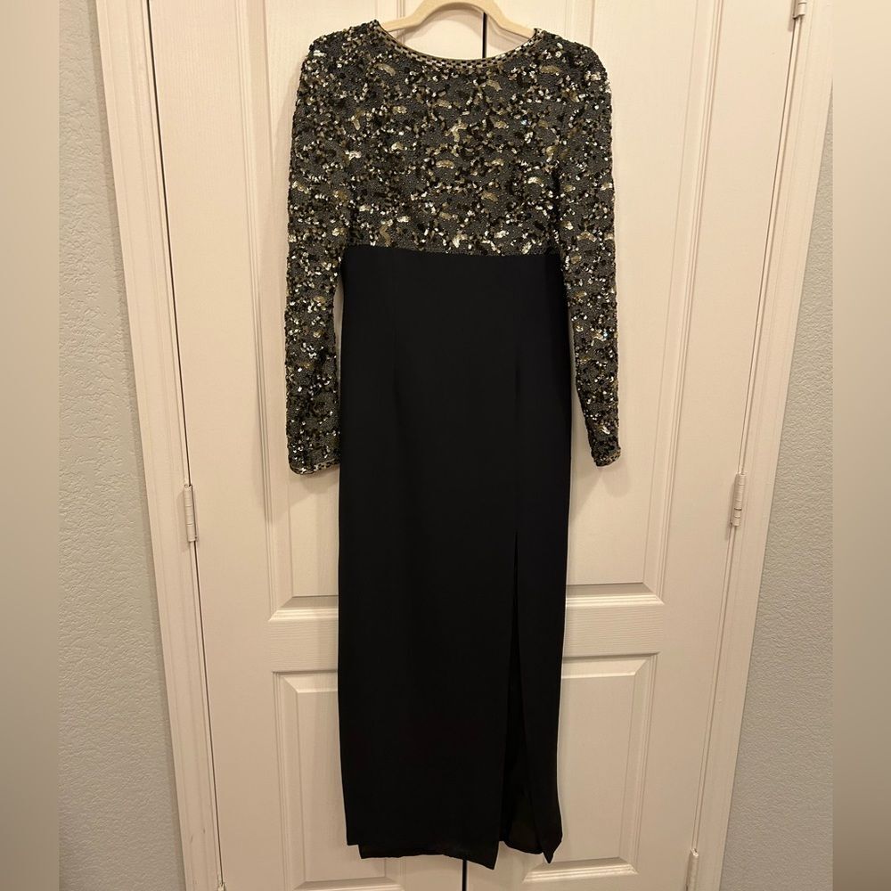 Vintage 80s/90s Louis Feraud Black Beaded Empire Waist Evening Gown, Size S